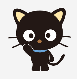 Chococat: A black cat with big, round eyes and whiskers, wearing a blue collar.