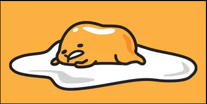 Gudetama: A lazy, fried egg with a face, lying on a white plate with a slightly broken yolk.