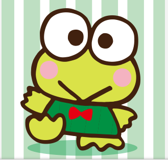 Keroppi: A green frog with big, round eyes and a wide mouth, wearing a striped shirt.