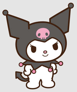 Kuromi: A mischievous-looking white bunny with a black jester's hat with a pink skull on it and a black tail.