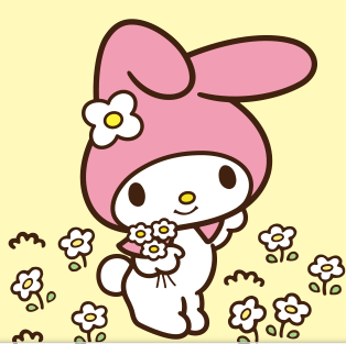 My Melody: A white bunny with pink ears, wearing a pink hood and a matching pink dress with a white bow.