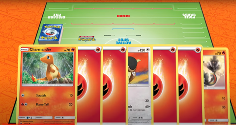 Pokémon trading card game setup with cards and counters