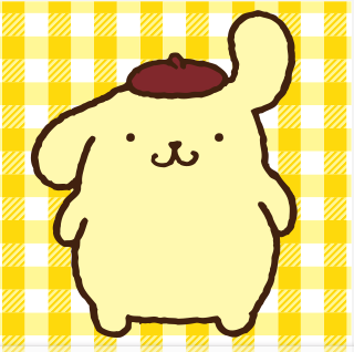 Pompompurin: A yellow retriever dog wearing a brown beret hat, with a friendly smile and a rounded body