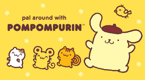Pompompurin with his best friends Muffin, Scone, and Bagel, showcasing their adorable camaraderie in Sanrio merchandise.