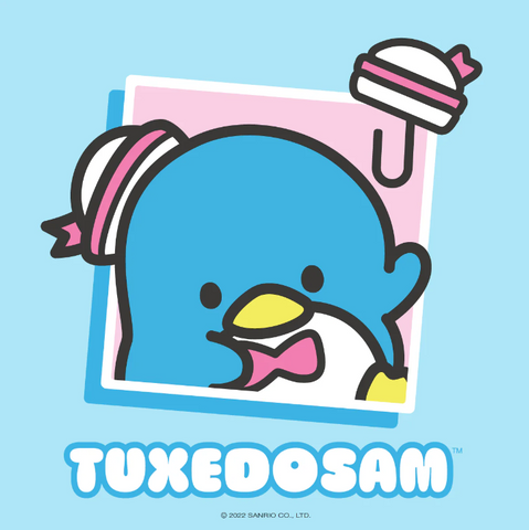 Tuxedosam: A blue penguin wearing a red bow tie and holding a white handkerchief, with a friendly smile.